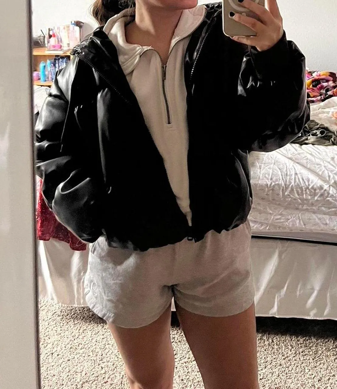 H&M Brown Leather Puffer Jacket Cropped - Image 3