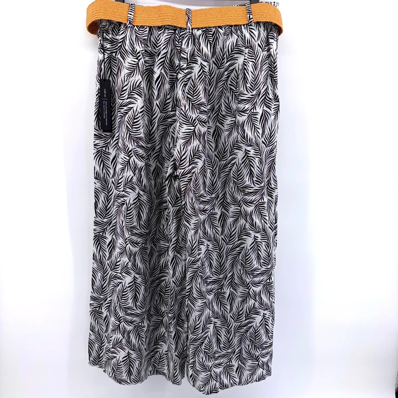 Tahari Wide Leg Linen Pants Black White‎ Palm Leaf Print Belted Size Large NWT - Image 8