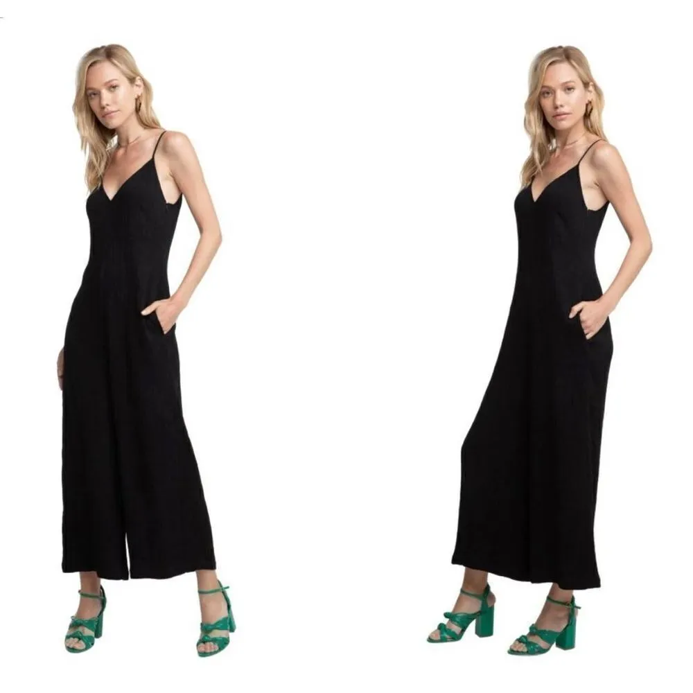 ASTR‎ ARDEN WIDE LEG black crepe ribbed JUMPSUIT large - Image 2