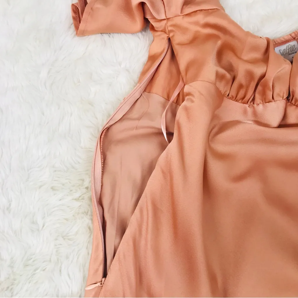 SELFIE LESLIE Park‎ Avenue Flutter Sleeve Midi Dress Thigh Slit Apricot Medium - Image 10
