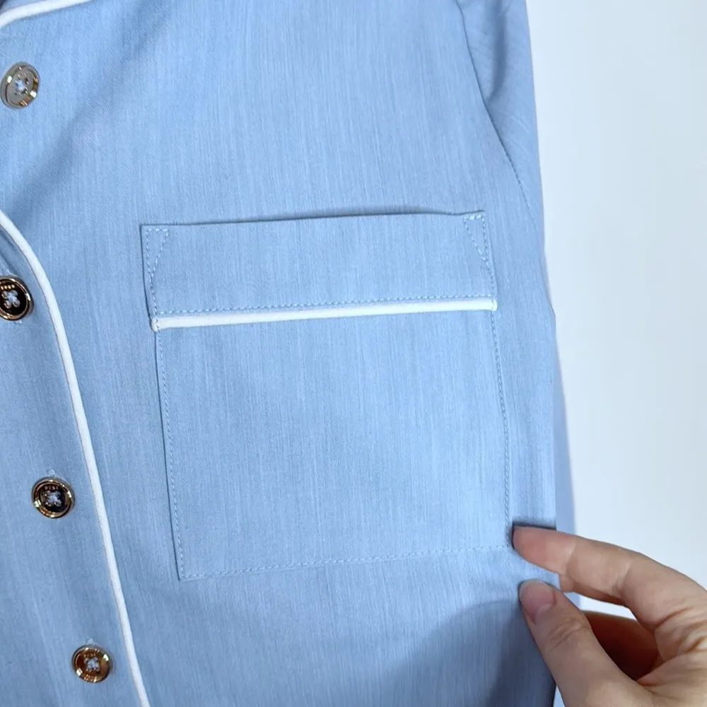 Buru Mel Denim Chambray Contrast Piping Button Down Blouse size XS Blue - Image 6