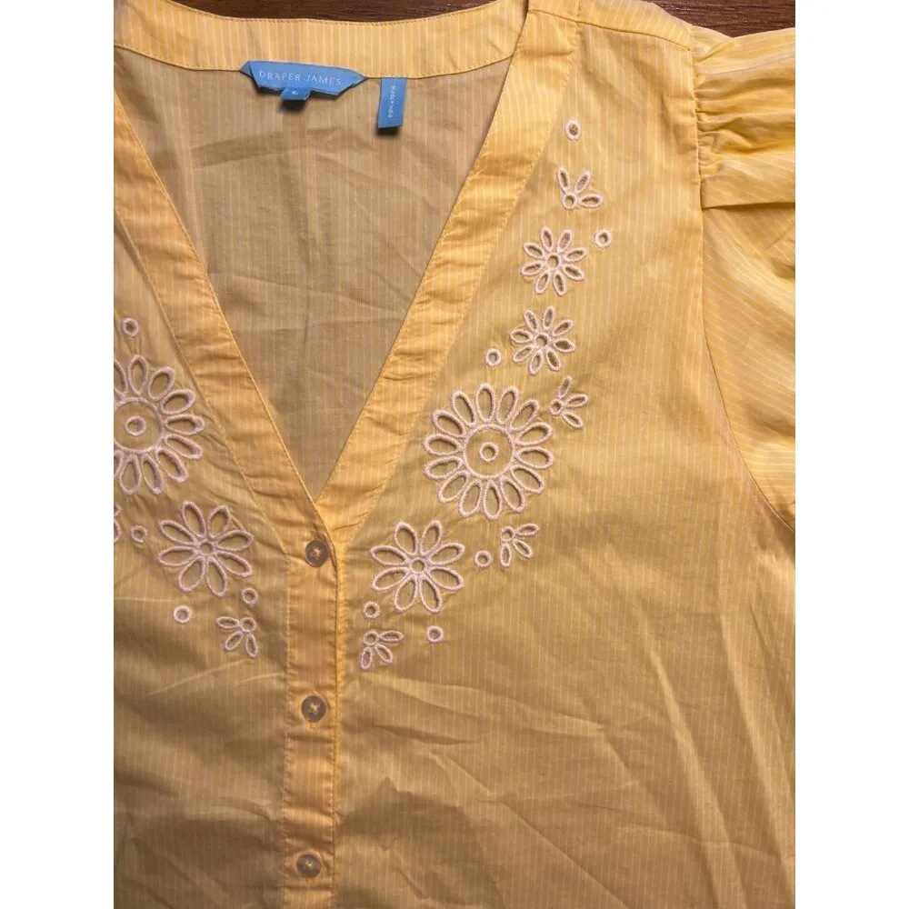 Draper James Yellow Embroidered Striped Flower Emily Button Down Top size Large - Image 4