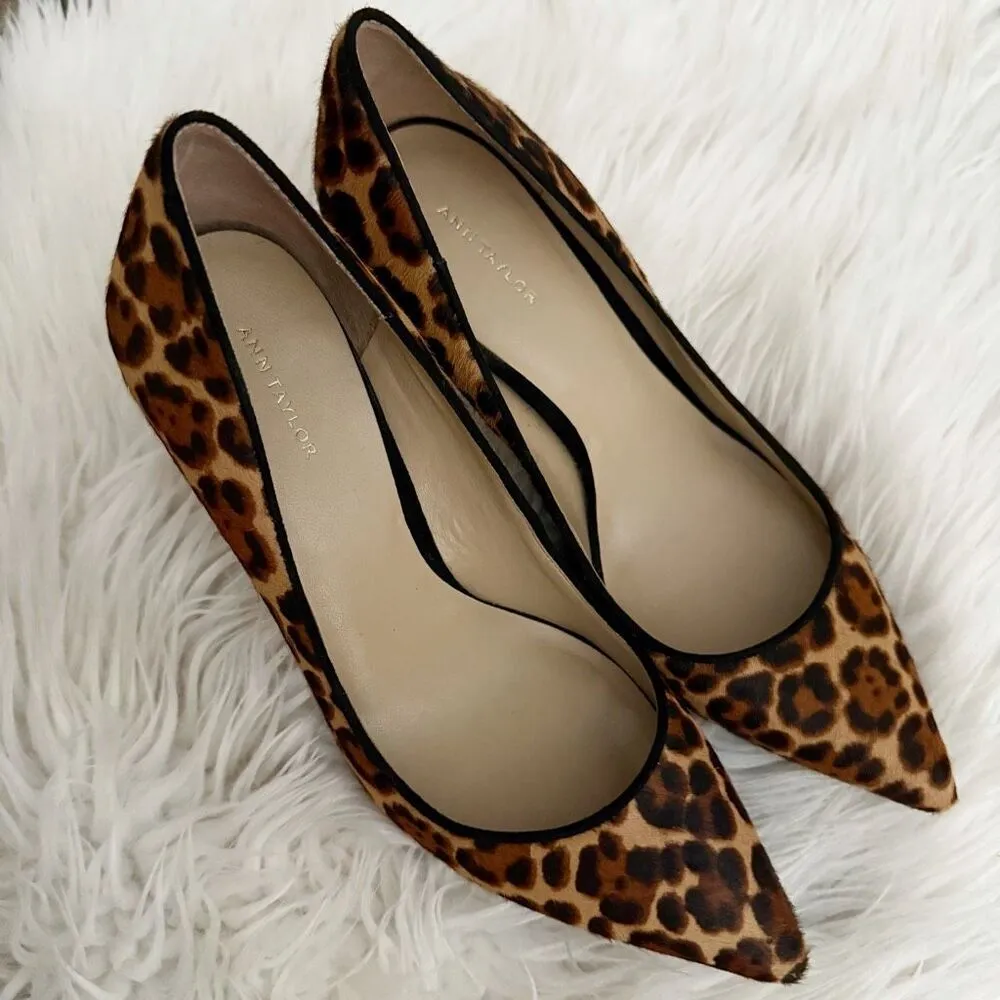 ANN TAYLOR | Mila Leopard Print Calf Hair Pumps Stiletto Heels Brown Black | 8 - Image 2