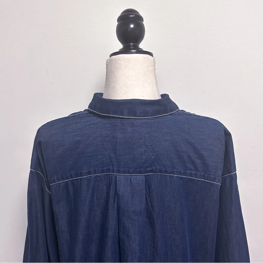 BDG Urban Outfitters Blue Denim Oversized Button Up White Stitching Hi Lo Blouse - Image 5