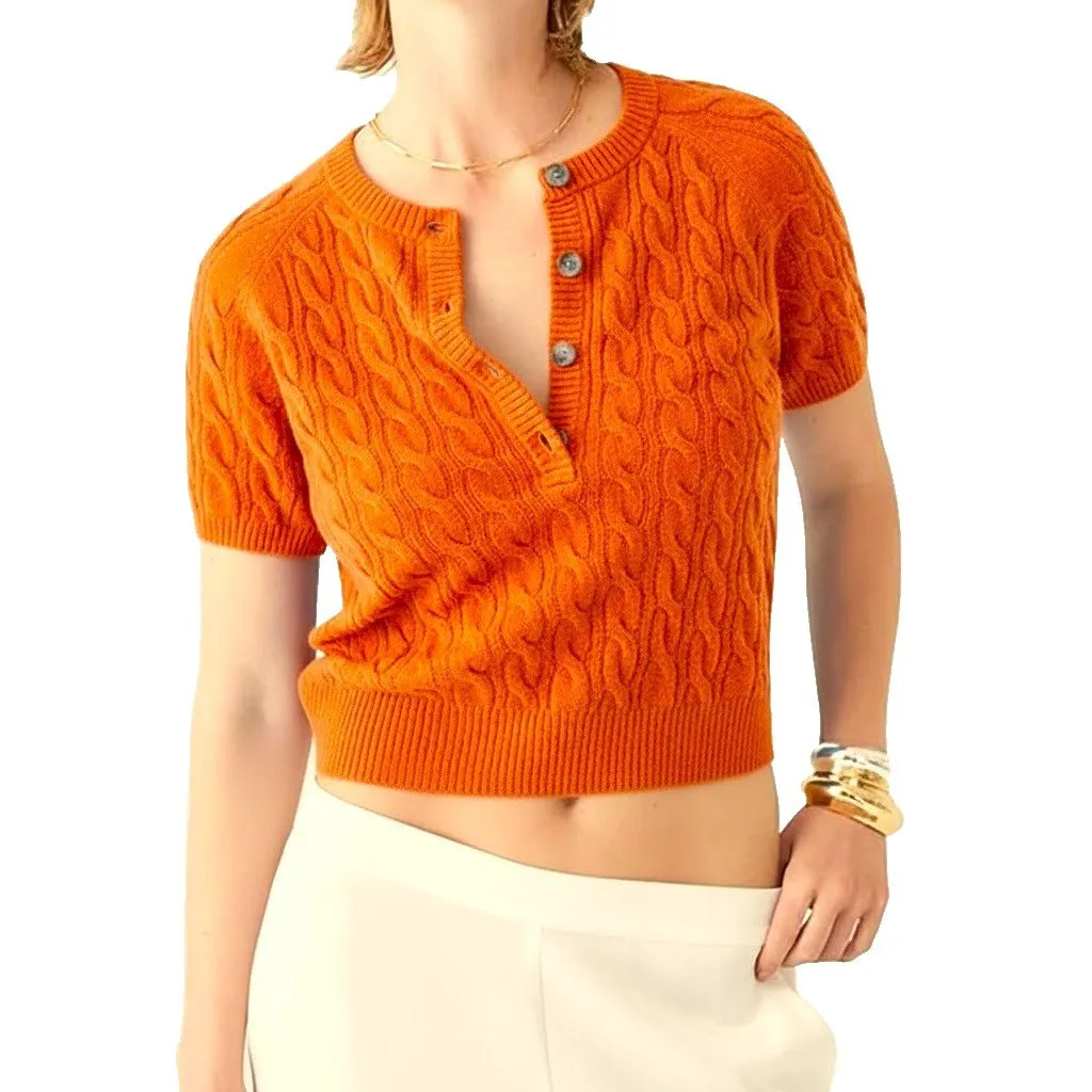 NWT J.Crew Cashmere Cable-knit Henley T-shirt in Heather Pumpkin Sweater L - Image 6