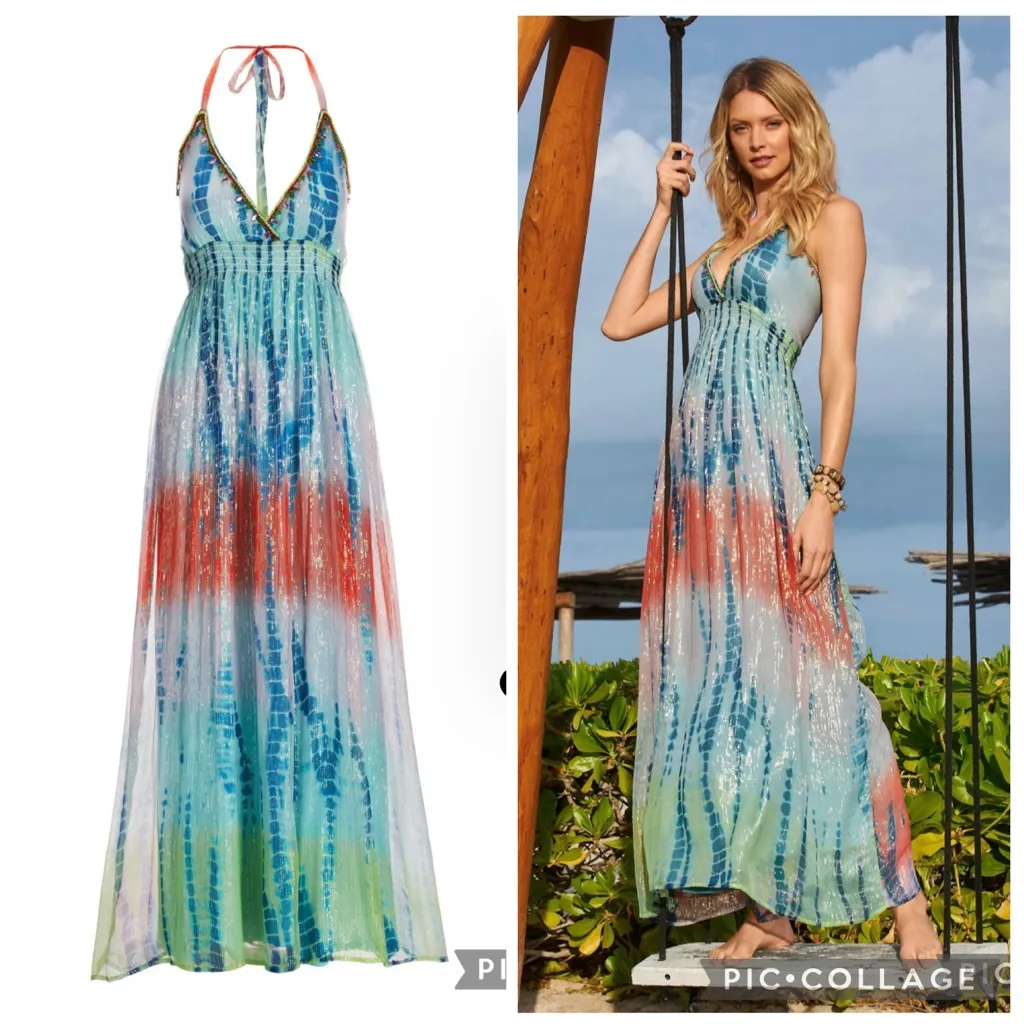 NWT Boston Proper Maxi Dress Halter Tie Dye Metallic Shimmer XS Low V-Neck Boho - Image 2