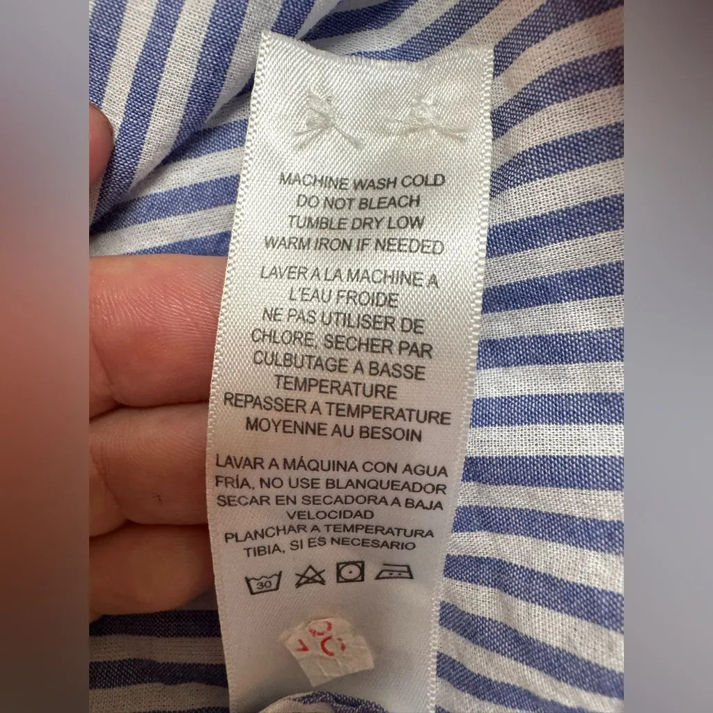 Frame Denim Pleated Clean Collar Blouse Navy Multi Blue White Stripe size Large - Image 16