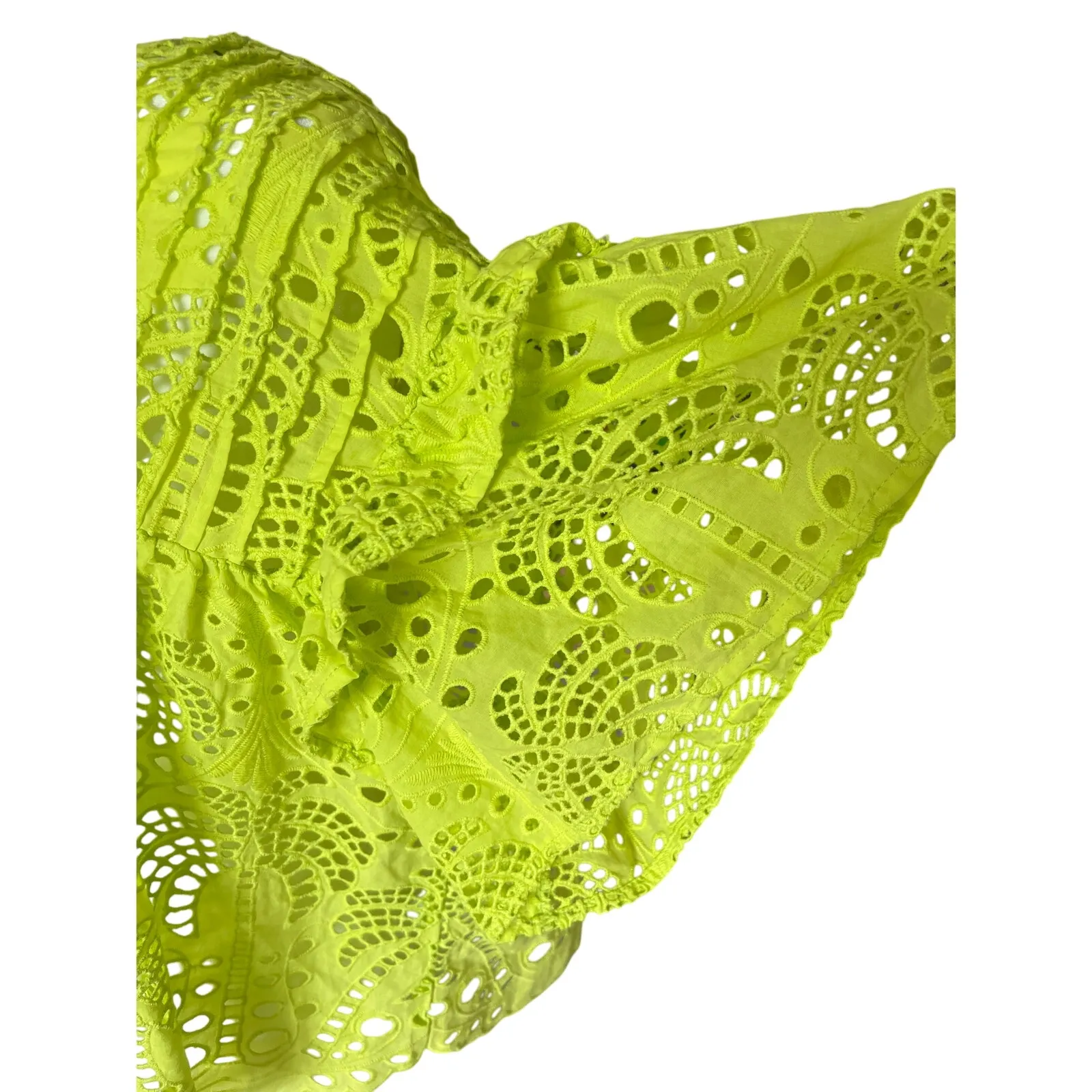 Farm Rio Lime Green Richilier Blouse Women's Size S Palm Tree Eyelet Ruffle $185 - Image 4