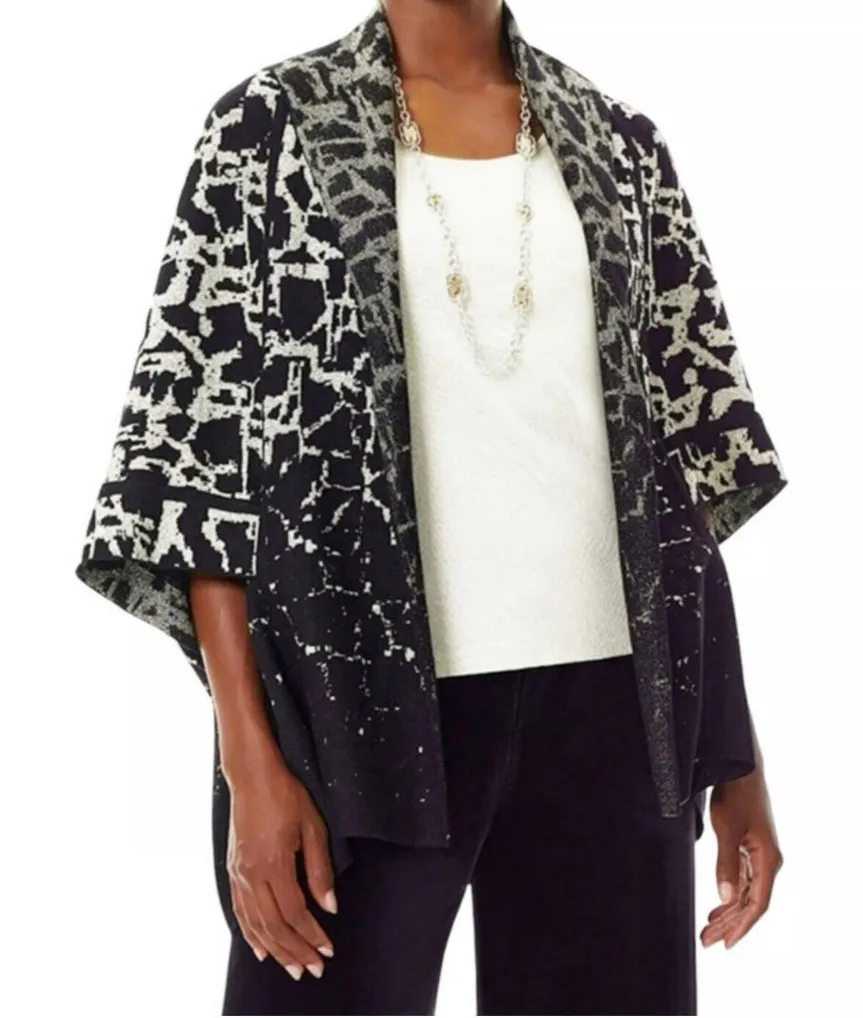 Ming Wang Open Front Relaxed Fit Kimono Cardigan Black White Print Size L / XL - Image 1