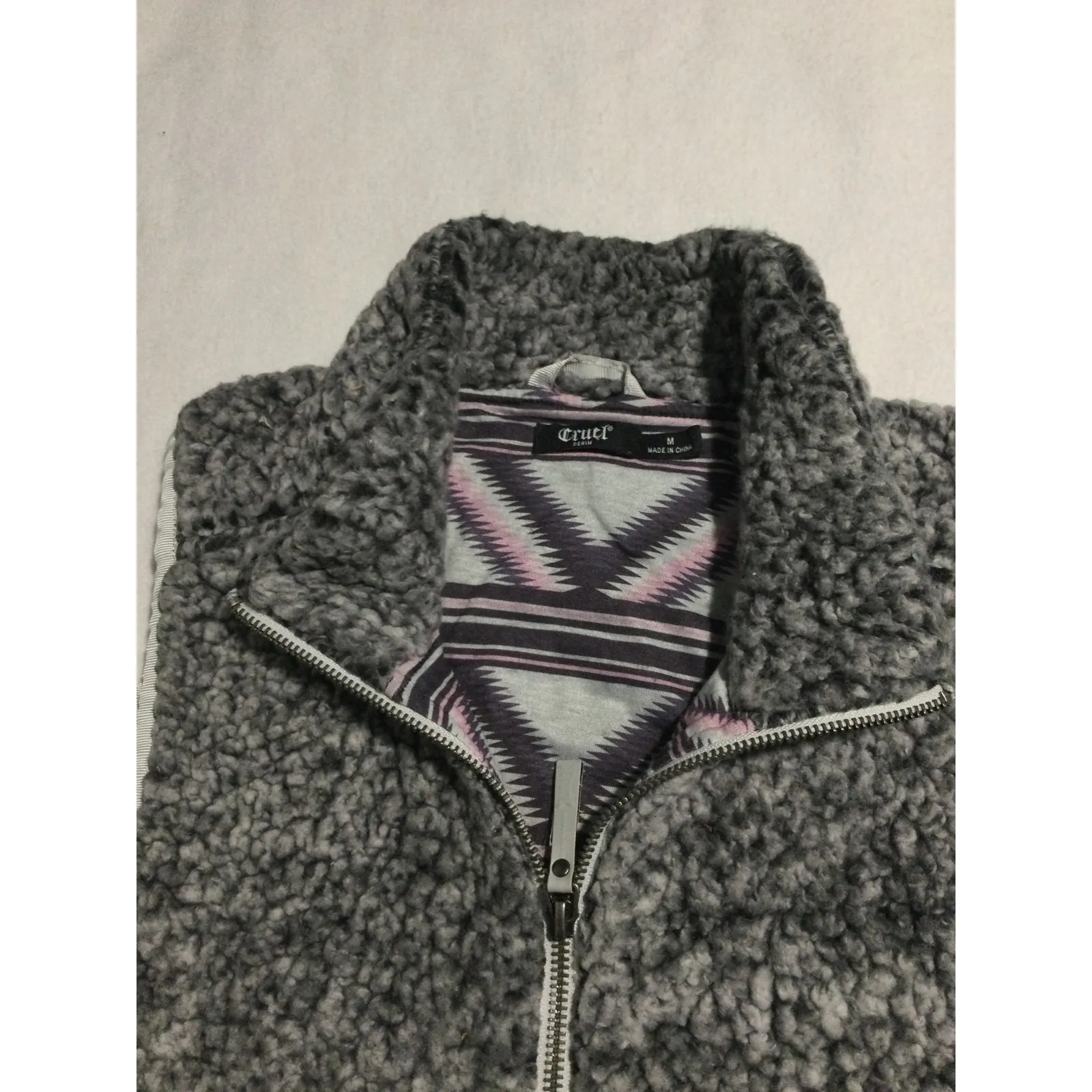 Cruel Girl Sherpa Vest Gray Aztec Print Lined Zip Front Women's Size Medium - Image 2