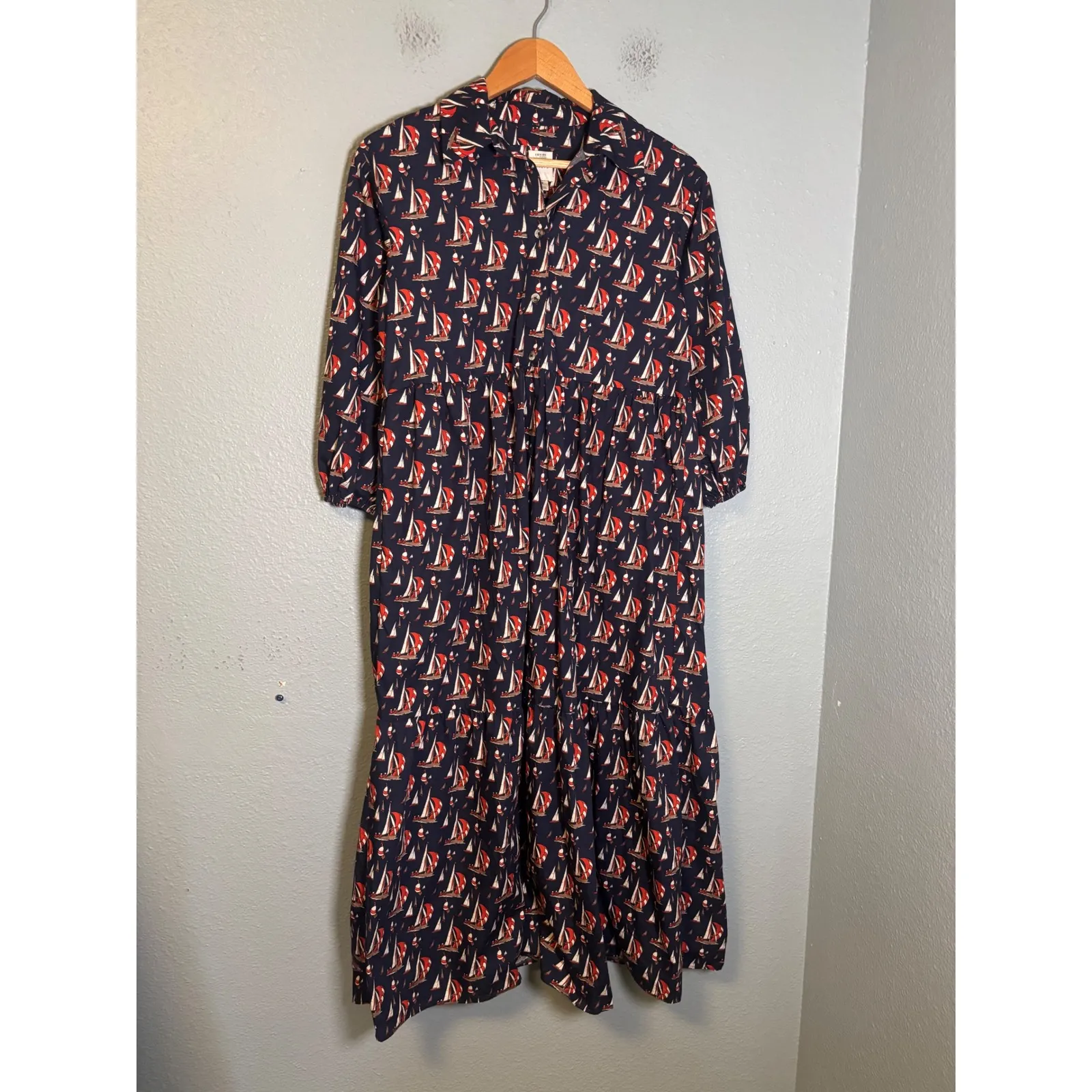 Anthropologie Maeve The Bettina Tiered Midi Dress Navy Sailboat Print Size XS - Image 2