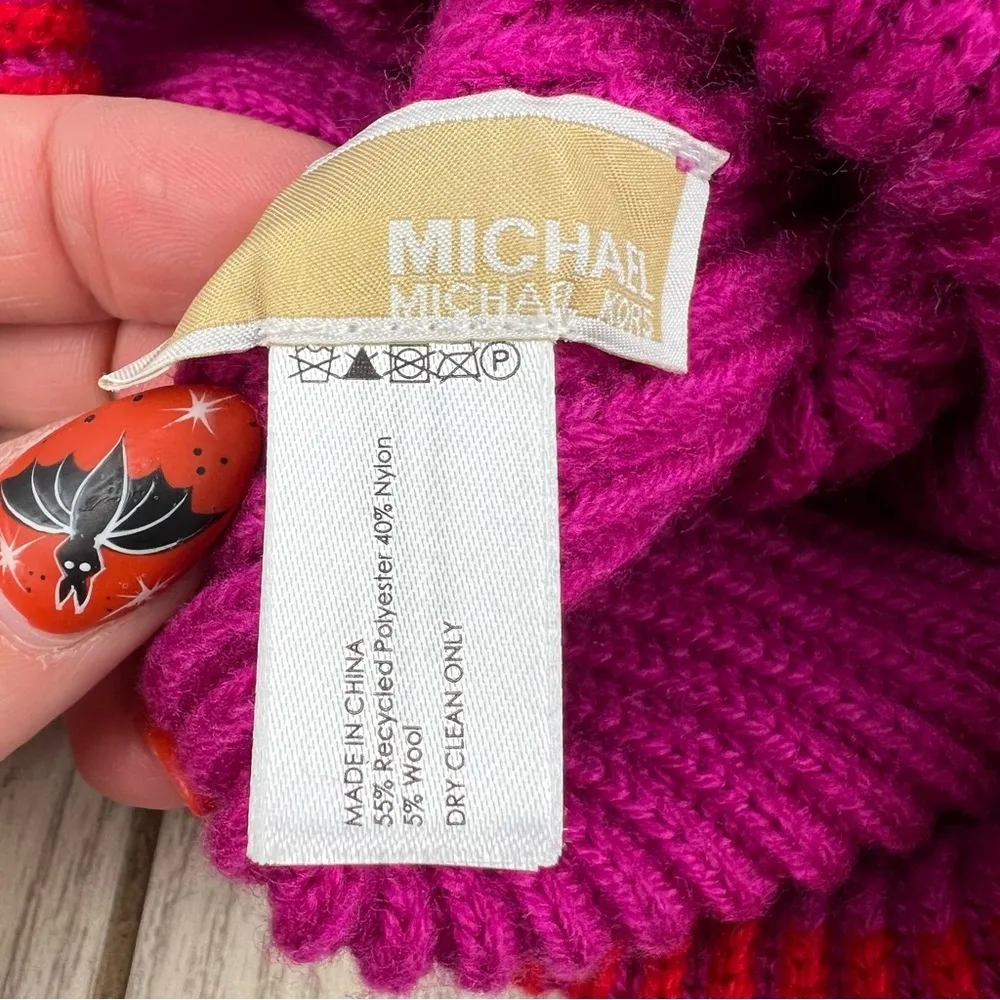 Michael Kors Women's Two Tone Color Block Ribbed Beanie OS Magenta Red $58 - Image 4