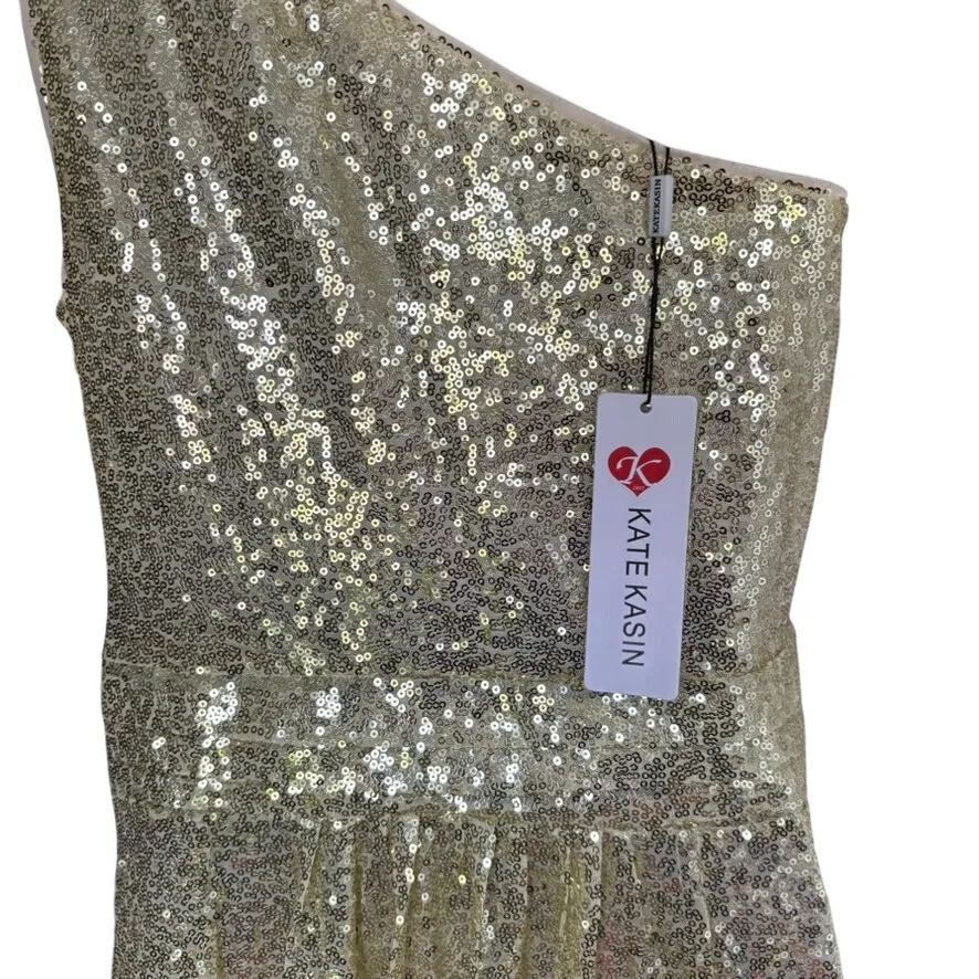 NWT Kate Kasin One Shoulder Maxi Dress Sz 6‎ Gold Sequin Bridesmaid Evening Prom - Image 4