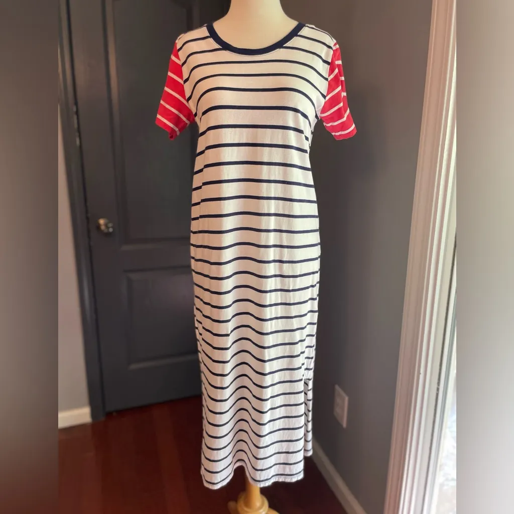 J Crew Preppy Coastal Nautical Striped Navy & White TShirt Dress Coral Sleeves - Image 2
