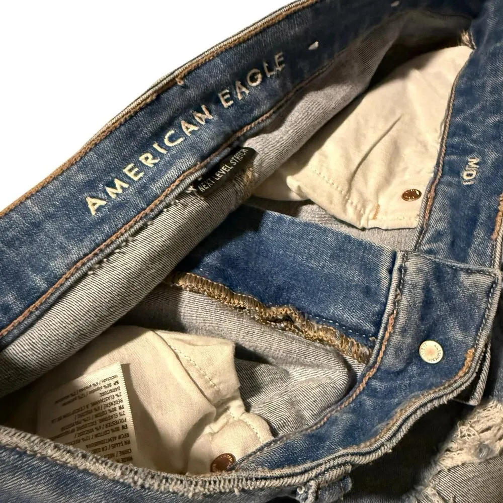 American Eagle Jean Shorts Midi Distressed Embroidered Sz 2 Next Level Stretch - Image 4