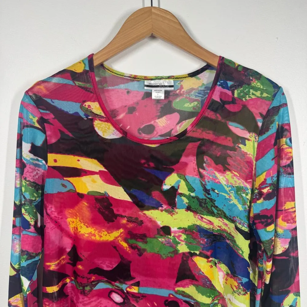 Mirror Image Top Women Size S Black Pink Colorful Sheer Blouse 3/4 Sleeve Tunic - Image 3