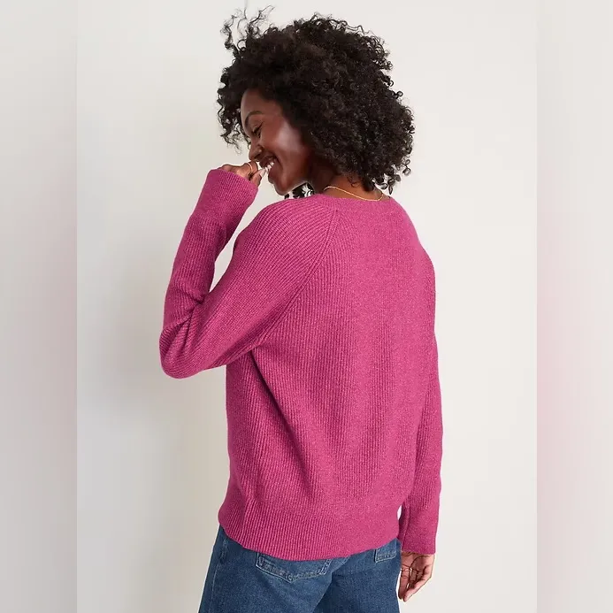 Old Navy V-Neck Melange Shaker Stitch Cocoon Pullover Sweater Berry Pink Medium - Image 2