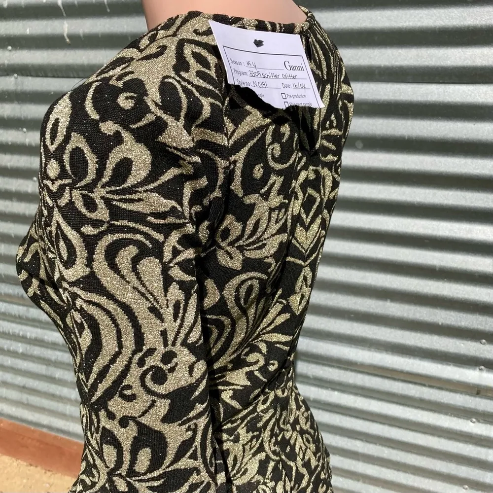 Ganni Schiffer Glitter Print Long Sleeve Peplum Dress Gold Size S NWT - Image 12