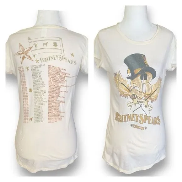 Y2K Brittney Spears Circus Concey Tour Cream Graphic Print Baby Tee Scoop Neck Black Size M - Image 2