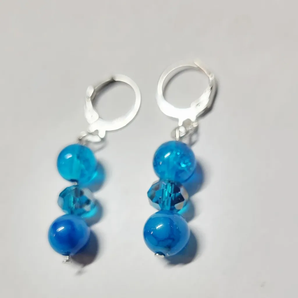 Natural Crystal Blue Vein Crackle Beaded Drop Earrings 925 SS Stamped - Image 2