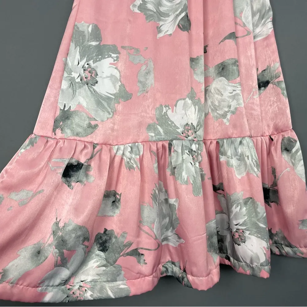 Handmade Muumuu Dress Floral Light Pink Maxi Ruffle Greek Ribbon Short Sleeves‎ Size M - Image 9