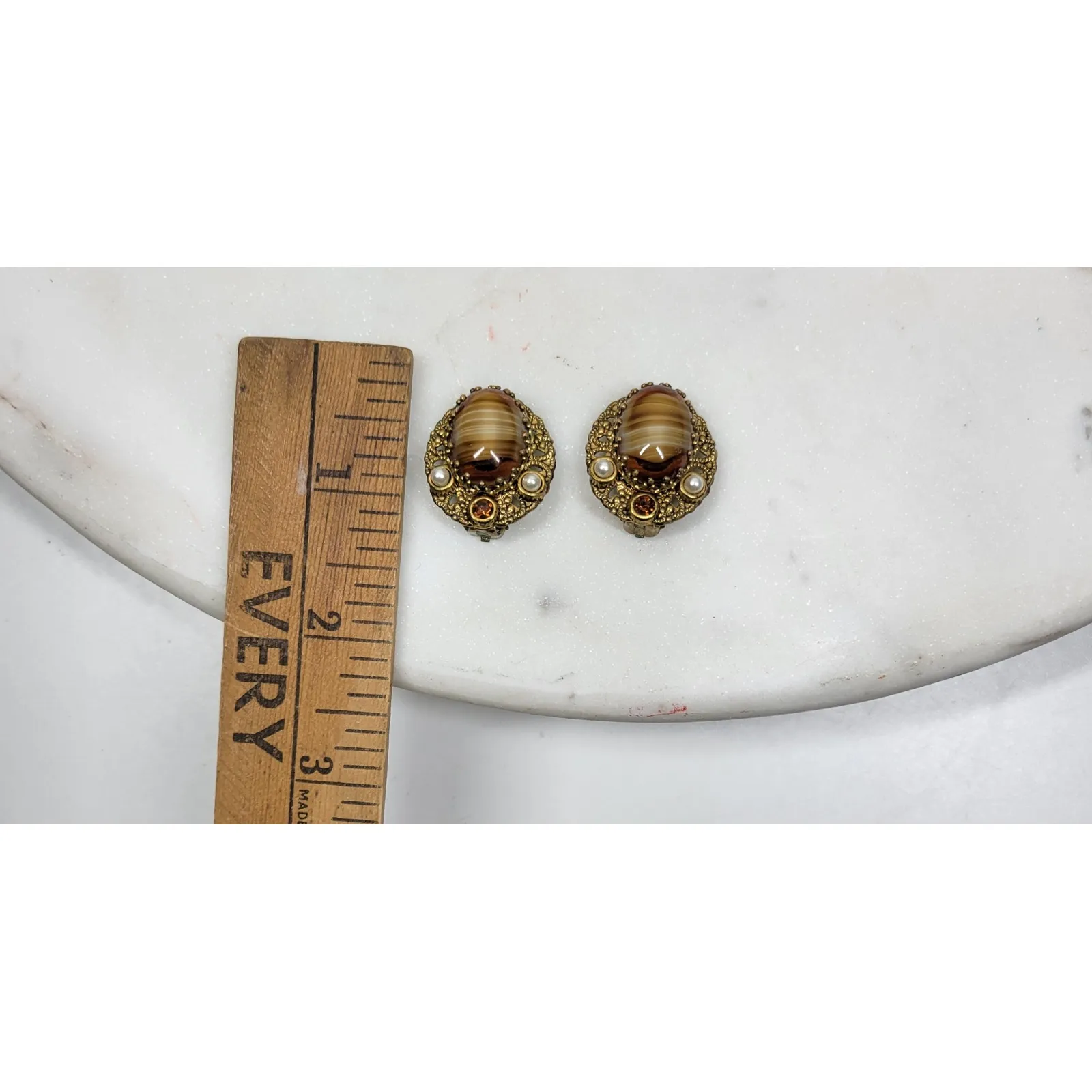 Vintage Clip On Earrings West German Porphyry Glass Pearl Rhinestone Gold Tone Brown - Image 11