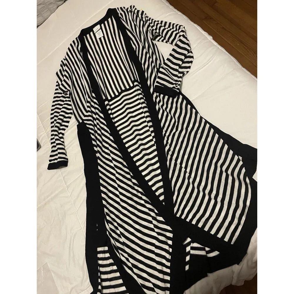 Cabi Cardigan Sweater Womens Small Striped Black White Side Slits Long Neutral - Image 2