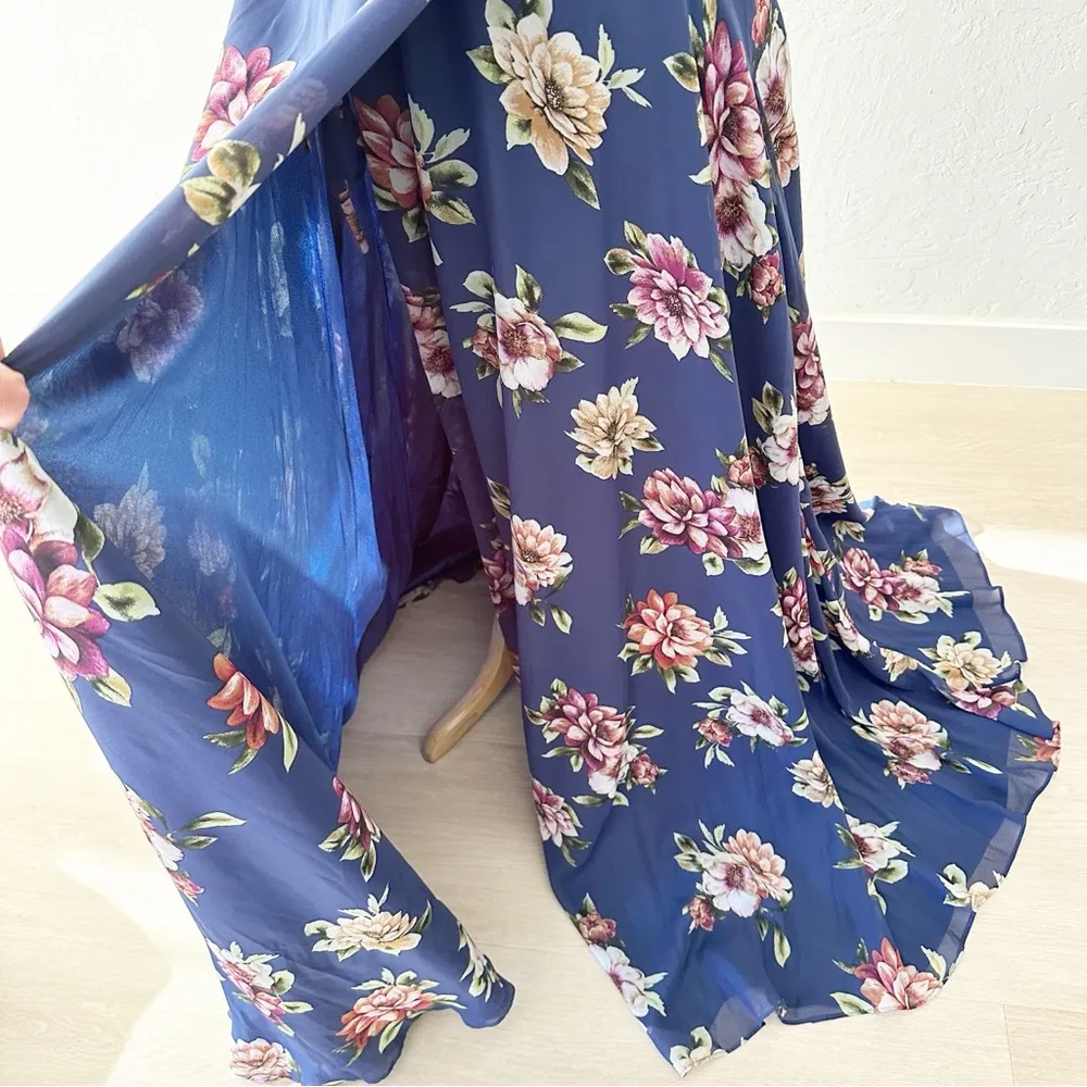 Lulus Always There For Me Navy Blue Floral Print Wrap Maxi Dress NWT | XS - Image 5