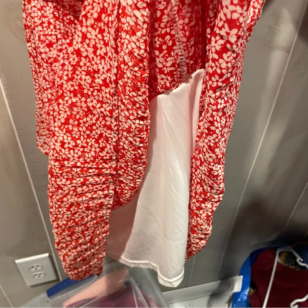 Cute red white fiesta floral ruffle crinkle mini dress off the shoulder fun - Image 6