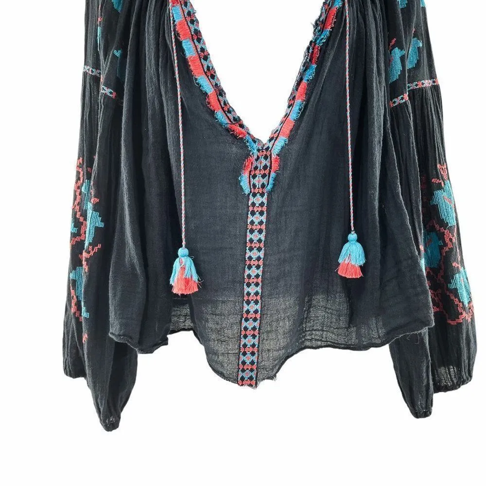 Free People FP One Embroidered Tassel Tie Top Small Navy Blue - Image 95