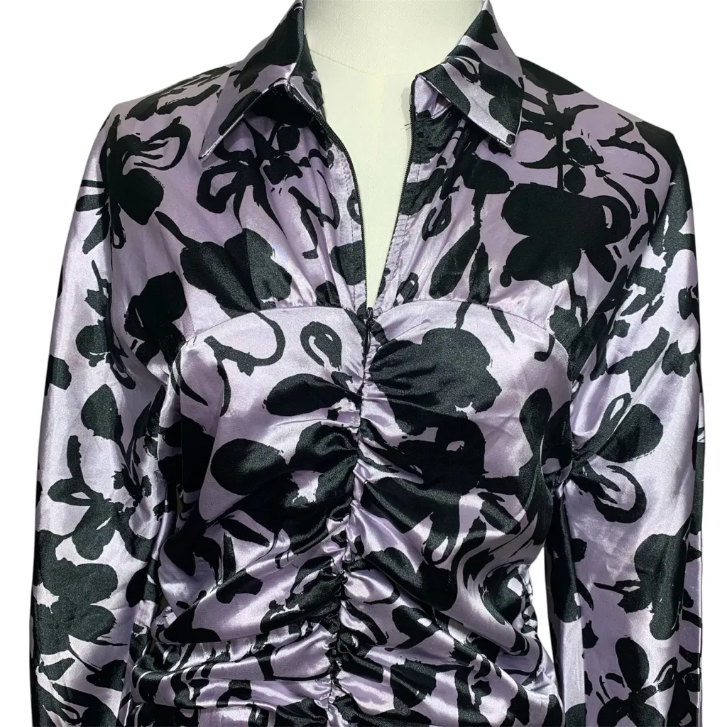 ZARA Satin Ruched Shirt Dress Size M Purple Black Floral Long Sleeve Mini NWT Size M - Image 3