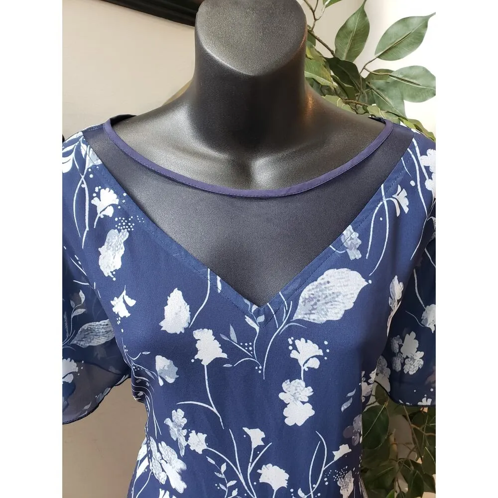 Long Maxi Dress Womens 2XL Blue Floral Lined Short Sleeve Round Neck Lace Insert Size XXL - Image 11