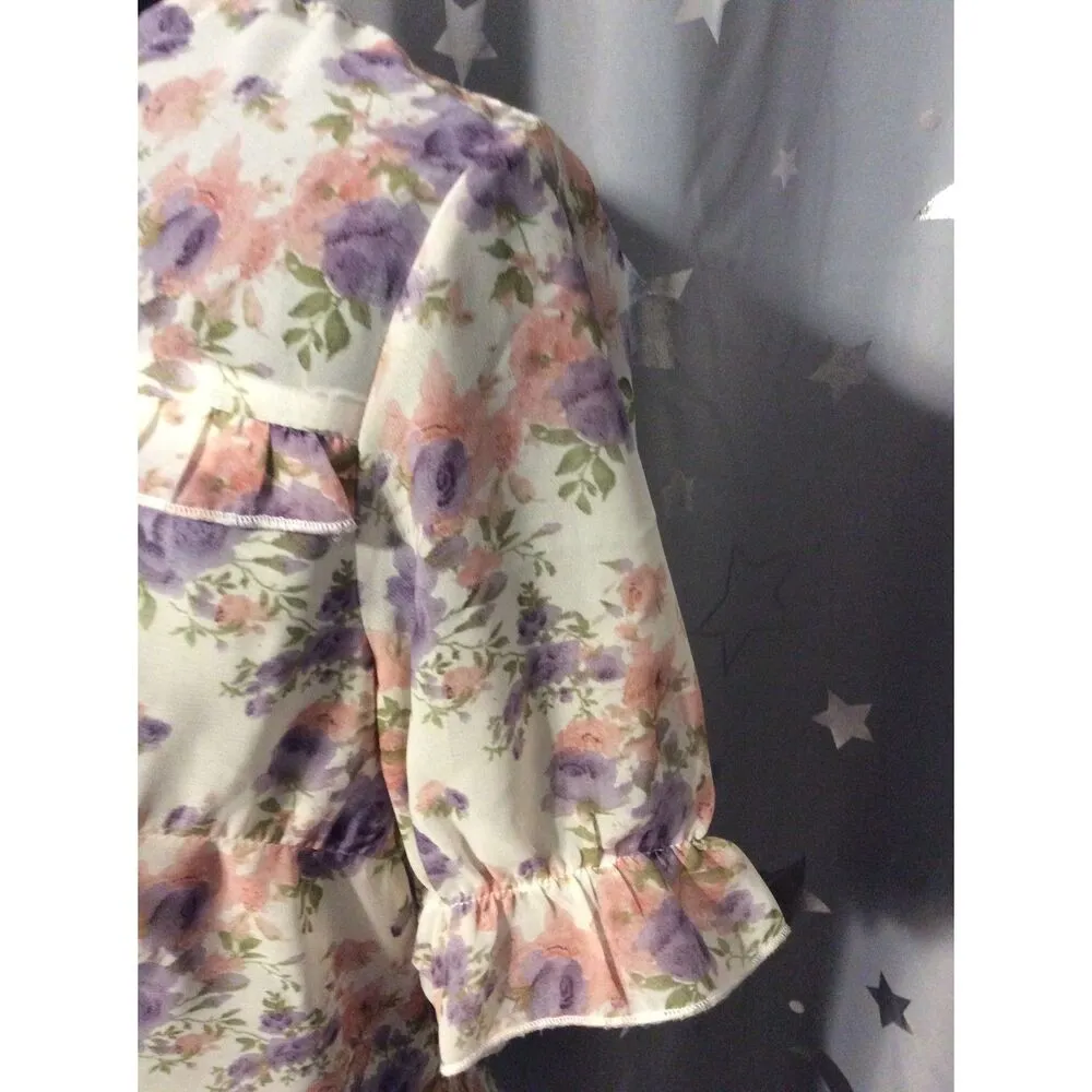 Allegra K Ruffled Floral Gathered Sleeves Romantic Top Large L Women's - Image 2