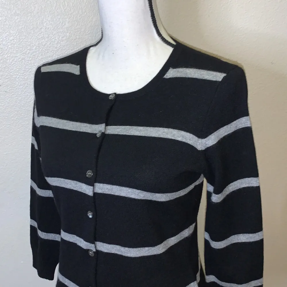 J Crew black wool cashmere black striped cardigan sweater - Image 2
