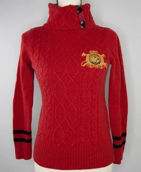 Vintage Red Turtleneck Sweater with Badge, cable knit, Wool blend Red Size XXS - Image 1
