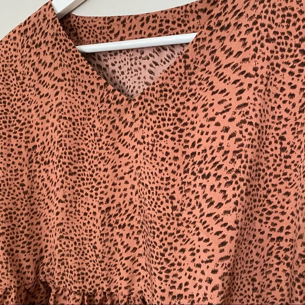 SHEIN Blouse Top Short Sleeve Ruffle Animal Print Business Casual Neutral Trendy - Image 2