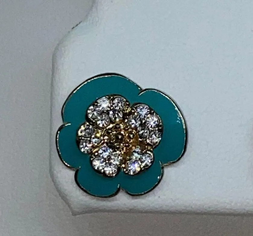 Gold-Tone Blue Clear Rhinestone Flower Stud Earrings - Image 2