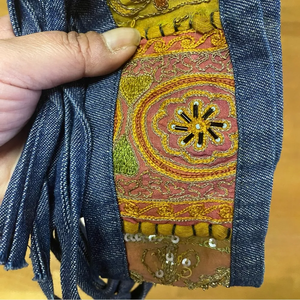 Denim Patchwork Hippie Coastal Cowgirl Boho Chic Triple Tie Sash Belt On… Blue - Image 2