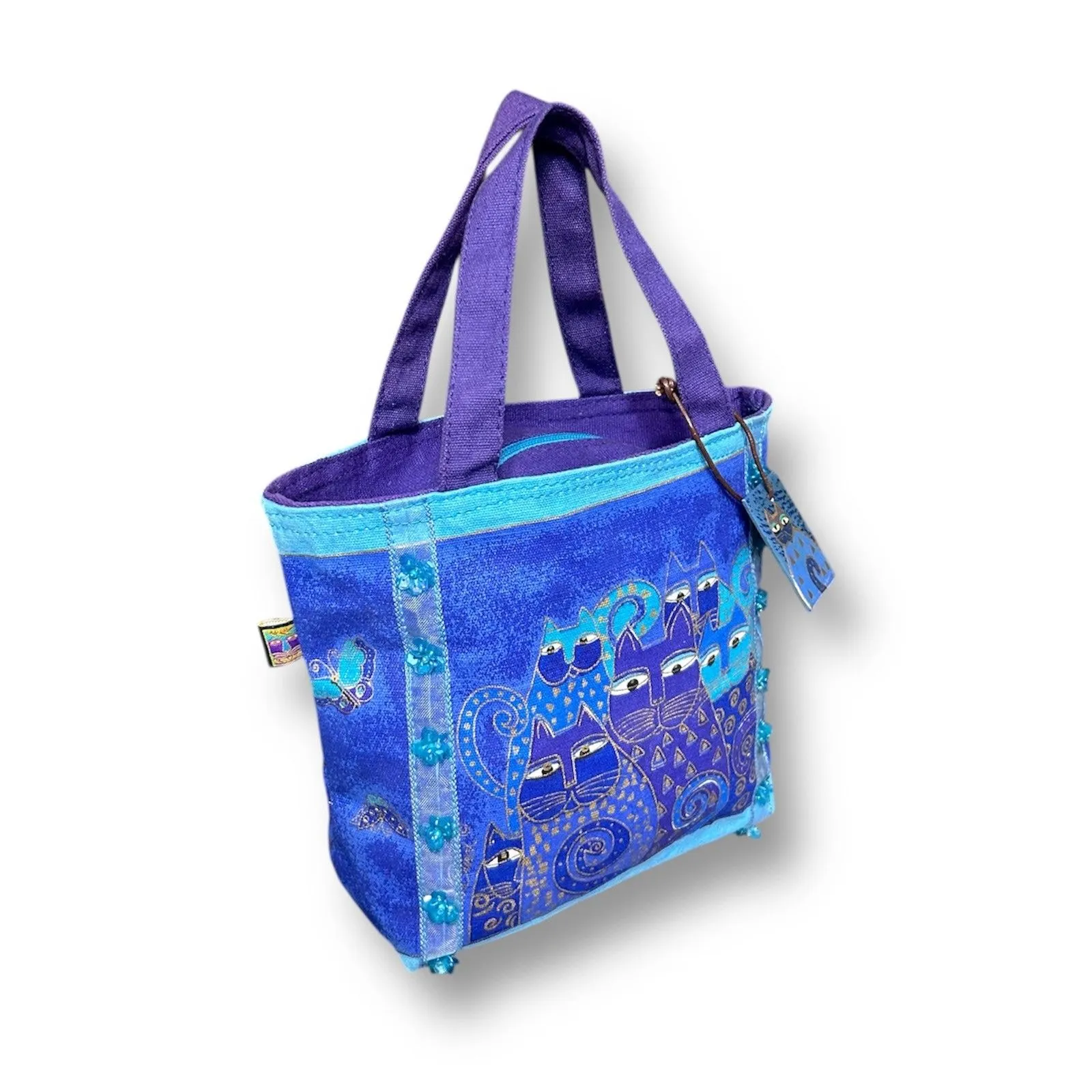 Laurel Burch Indigo Blue Cat Tote Bag Sun N Sand Canvas Art Print Small Purse - Image 3