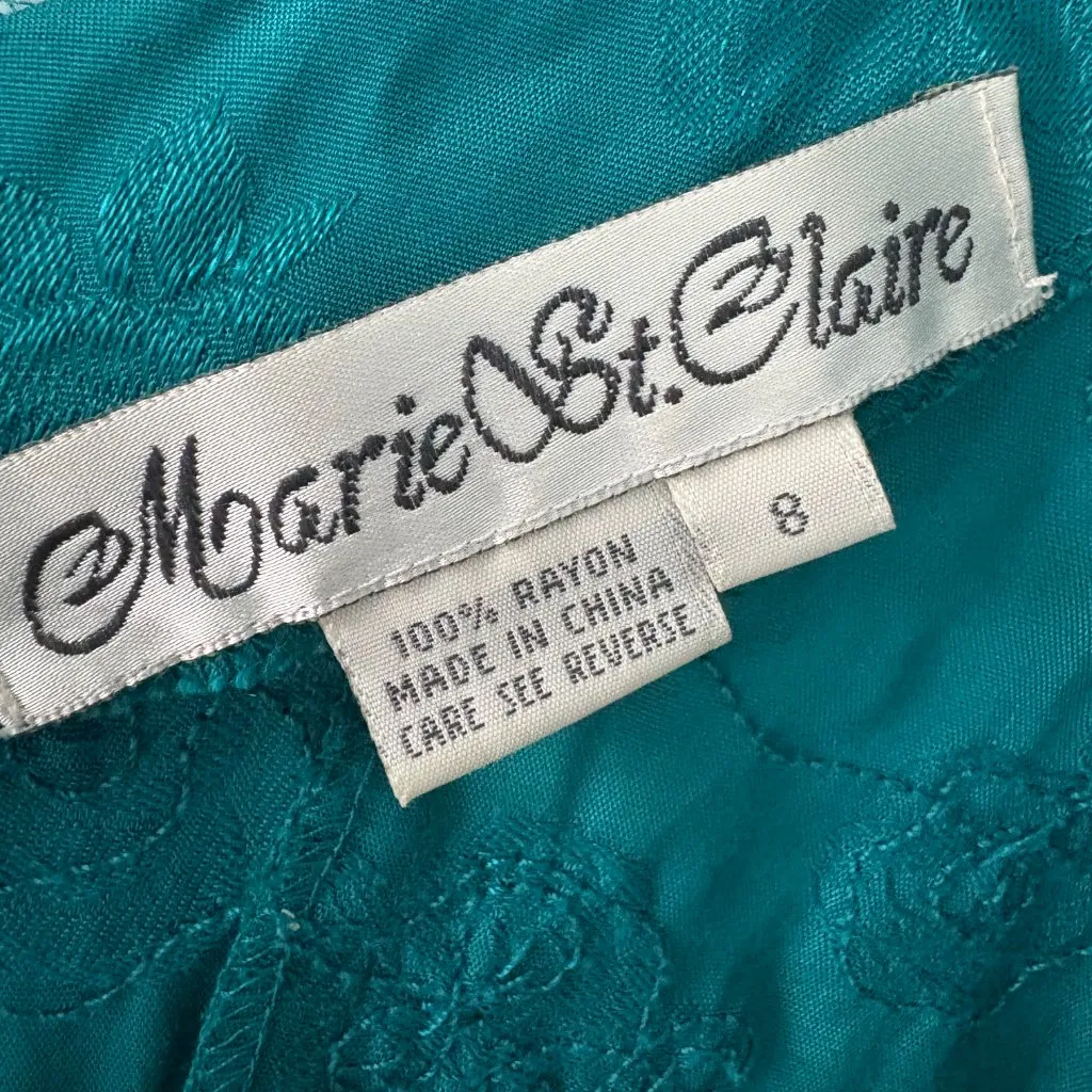 Vtg Marie St. Claire 1980s teal rayon beaded drop - Image 4