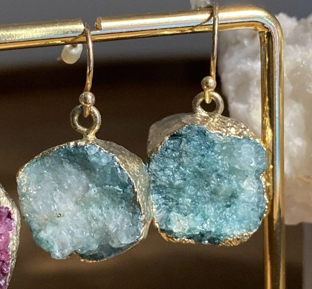 3 Pairs Dyed Druzy Quartz Geode Gold Electroplated Gemstone Drop Earrings - Image 4