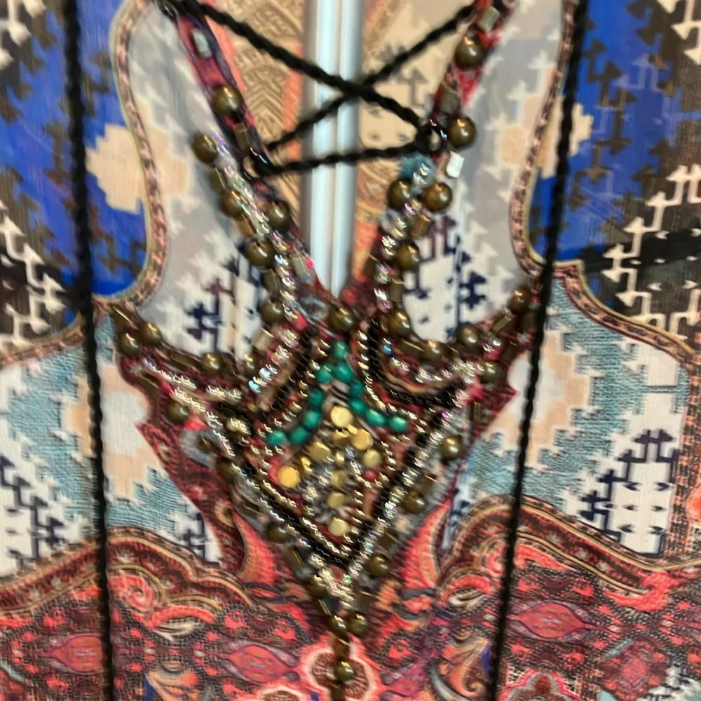 V Christina paisley sheer beaded,lace,tassels Boho tunic 22x 31 Size L - Image 2