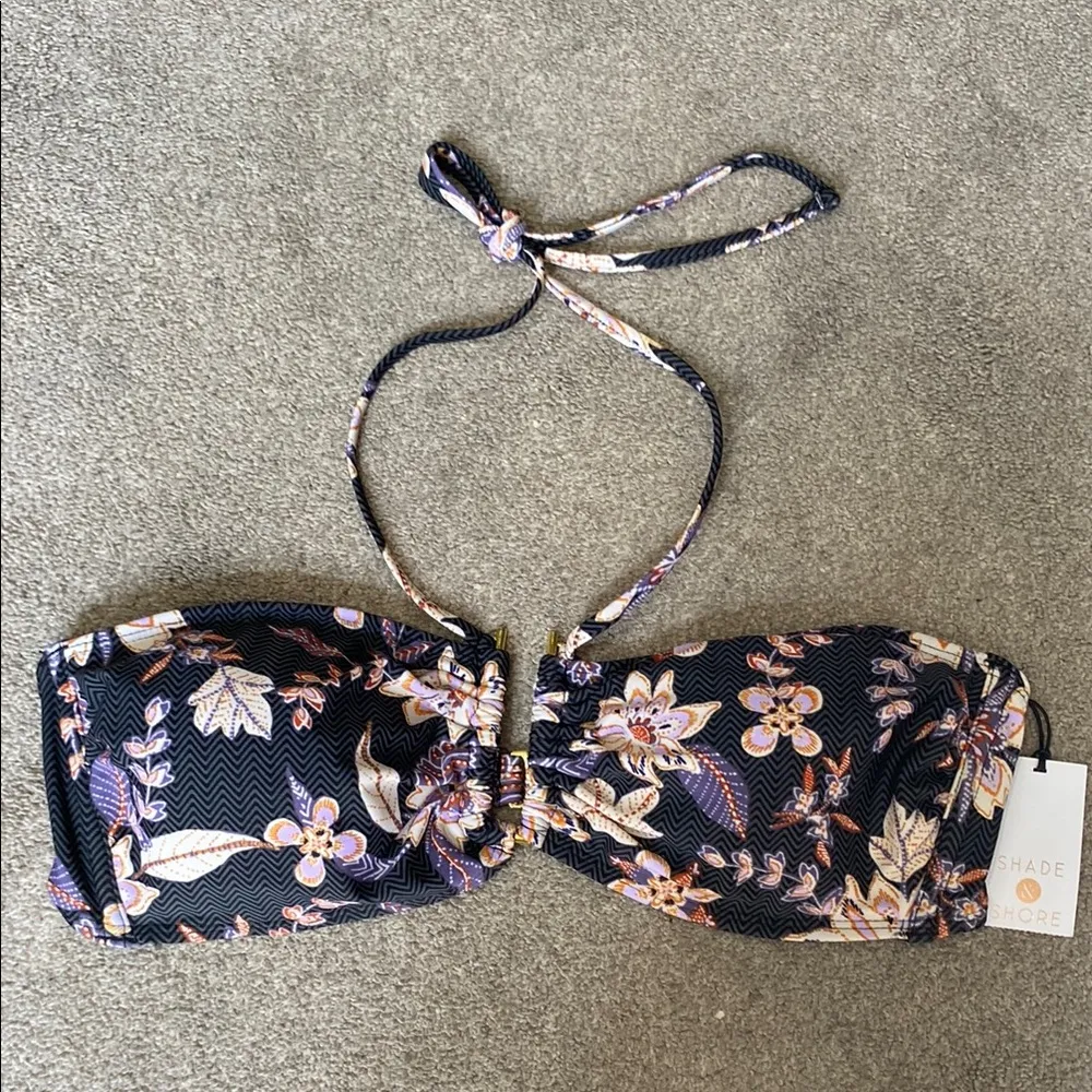Shade & Shore Black Floral Print Bandeau Halter Swim Bikini Top Size L - Image 3