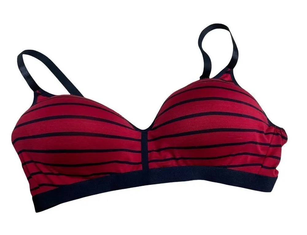 JUST BE, Women’s Red and Blue Striped Bra, 42C, NO WIRE, Adjustable Straps - Image 1