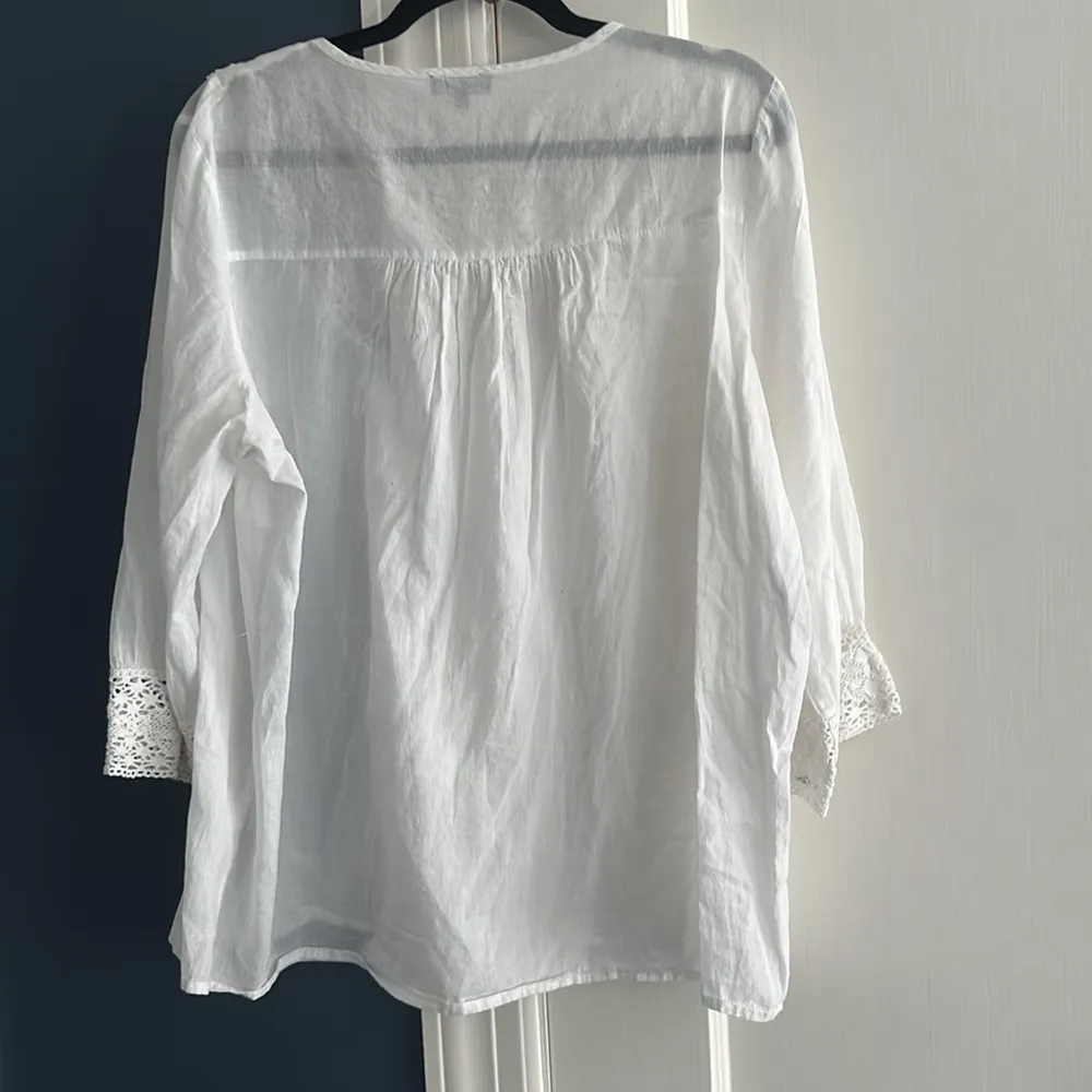 Vince Camuto White Blouse 3/4 sleeve cotton tie tassel size Large Top - Image 6