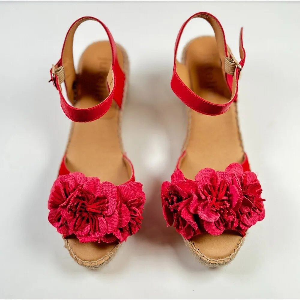 Jutelia Womens Sandals Red Leather Flower Espadrille Wedge Heels Spain 39 US 8 Size 8.5 - Image 3