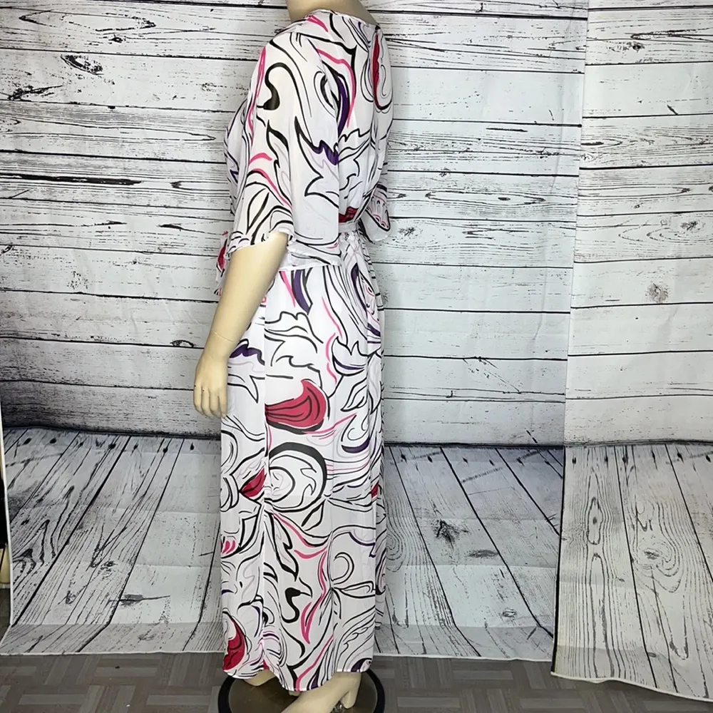 Ashley Stewart Size 14/16 White Printed Surplice V-Neckline Dress w/ Tie Belt - Image 4
