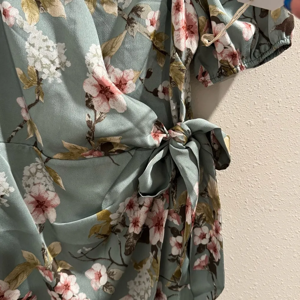If By Sea Anthropologie Small Teal Floral Midi Dress Faux Wrap Wedding Cocktail Blue - Image 7