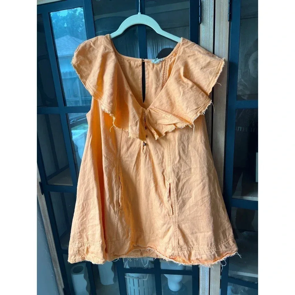 Pilcro Ruffle Dress neon orange coral Vneck shift mini pockets buttons - Image 4