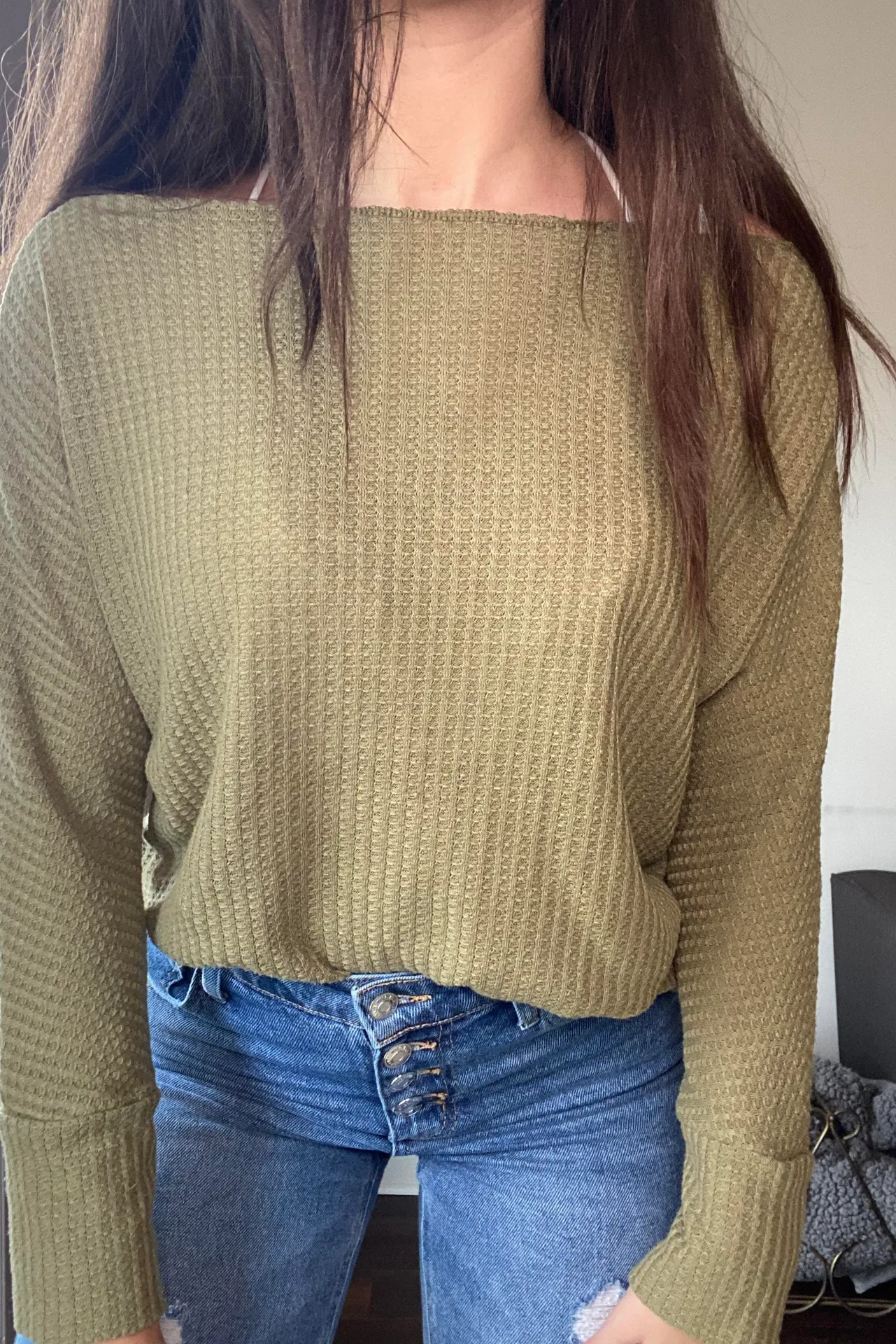 Green Waffle Knit Top Size M - Image 2
